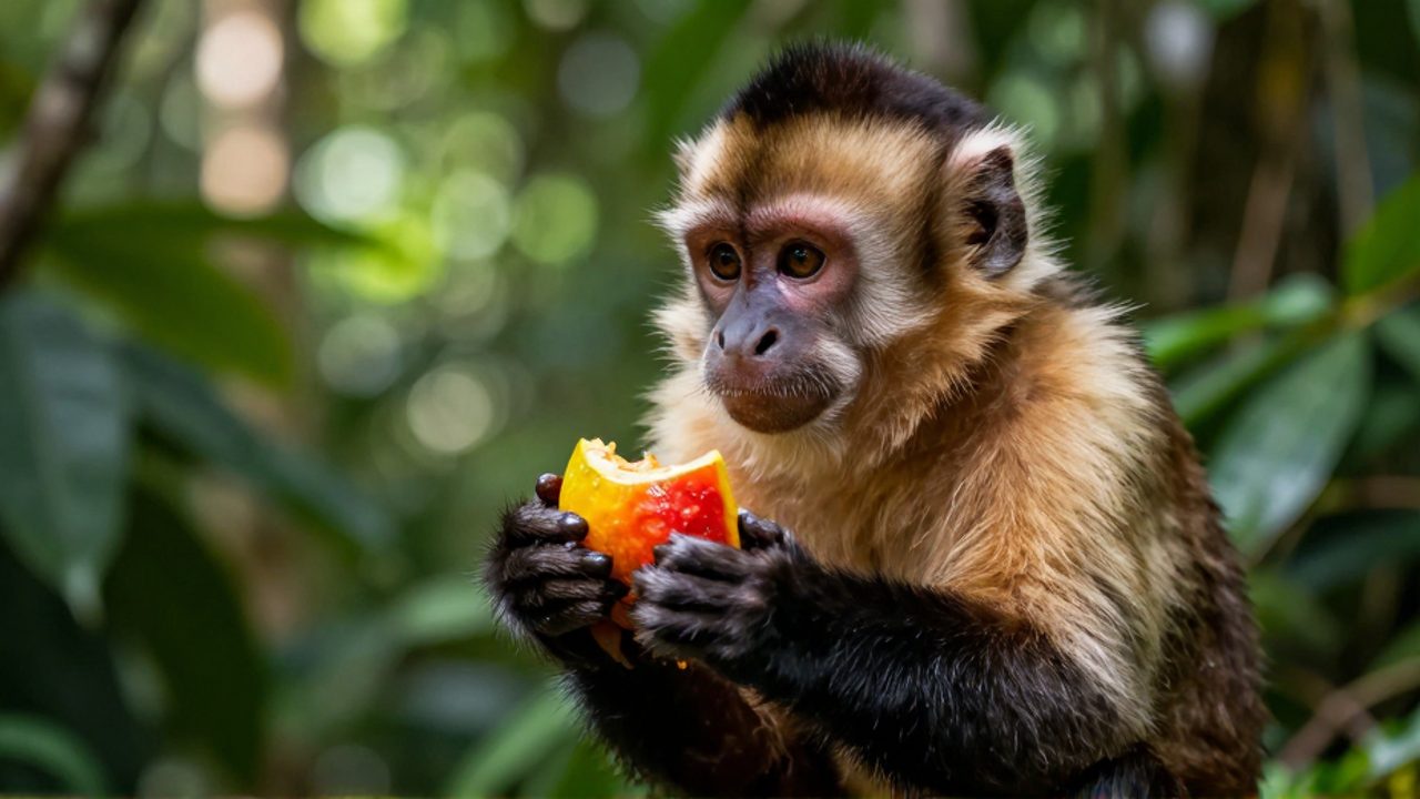 Un mono capuchino sostiene y examina una pieza de fruta tropical en medio de una selva densa.