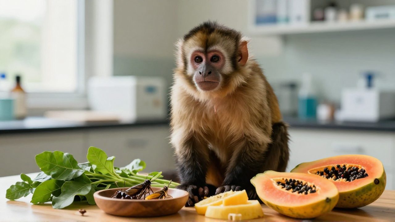 Un mono capuchino observa una variedad de alimentos compuestos por hojas verdes, trozos de papaya e insectos sobre una superficie de madera.