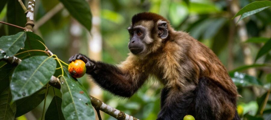 Mono capuchino buscando comida entre la densa vegetación de una selva tropical.