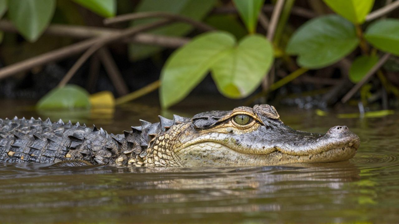 Caimán de anteojos parcialmente sumergido en un humedal con vegetación tropical de fondo.