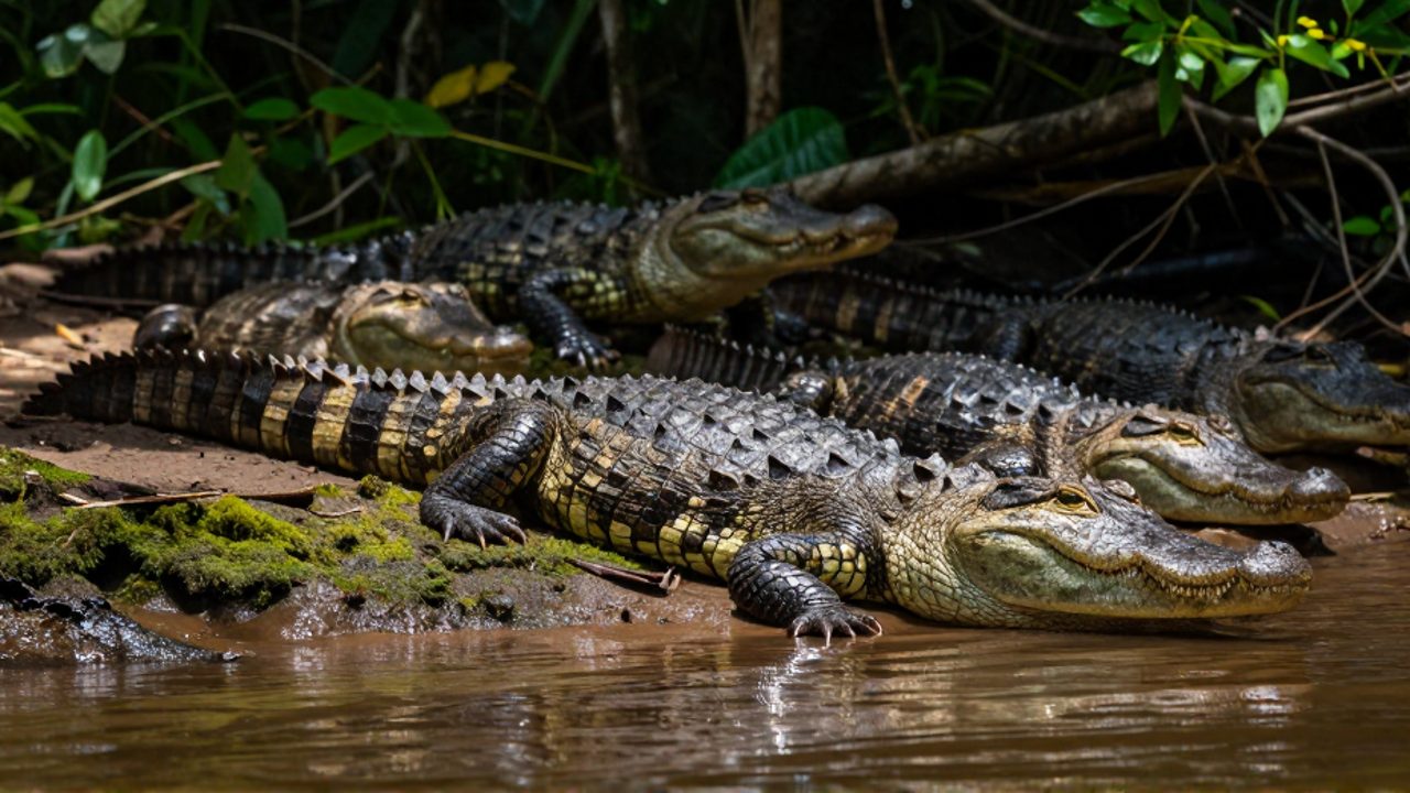 Varios ejemplares de distintas especies de caimanes descansan sobre la orilla de un río tropical rodeados de vegetación densa.