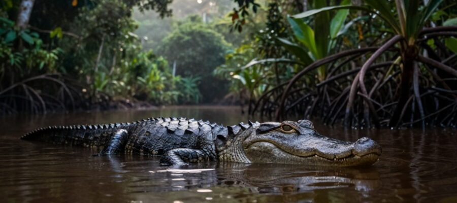 Un gran caimán negro con la parte superior del hocico y los ojos fuera del agua en un río amazónico rodeado de selva tropical.