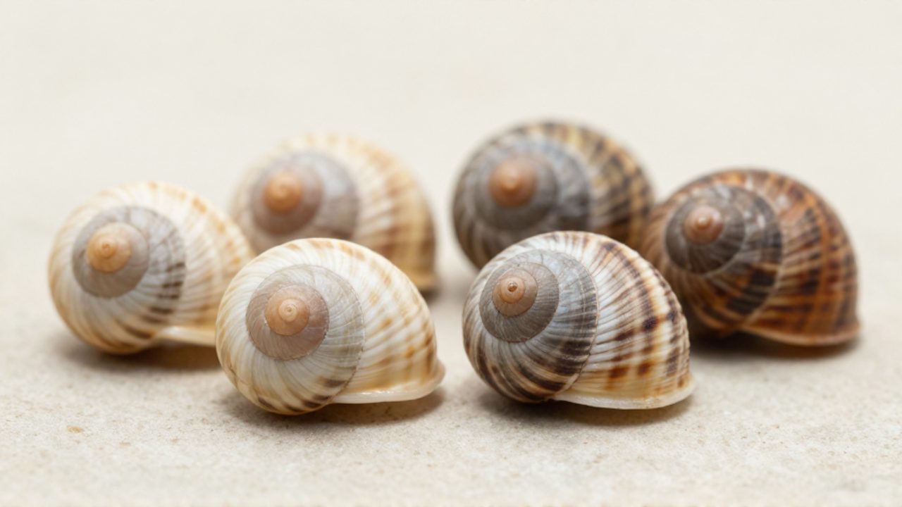 Variedad de conchas de caracol con distintas texturas, colores y patrones de espirales sobre una superficie de piedra clara.