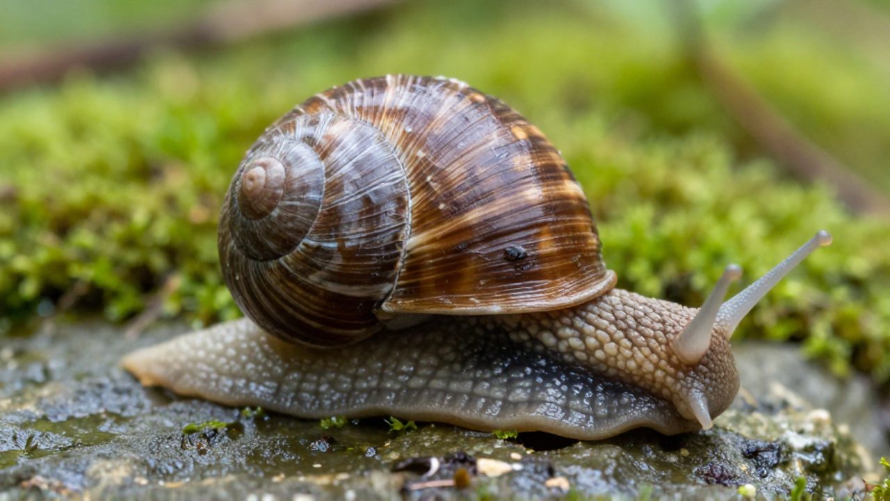 Primer plano de la anatomía de un caracol terrestre sobre una superficie de piedra con musgo, mostrando la textura de su concha espiral y su cuerpo húmedo.