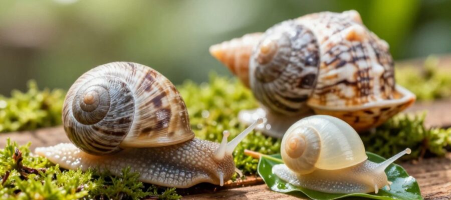 Tres especies de caracoles de distintos hábitats, terrestre, de agua dulce y marino, dispuestos sobre madera y musgo para mostrar la diversidad de sus conchas.