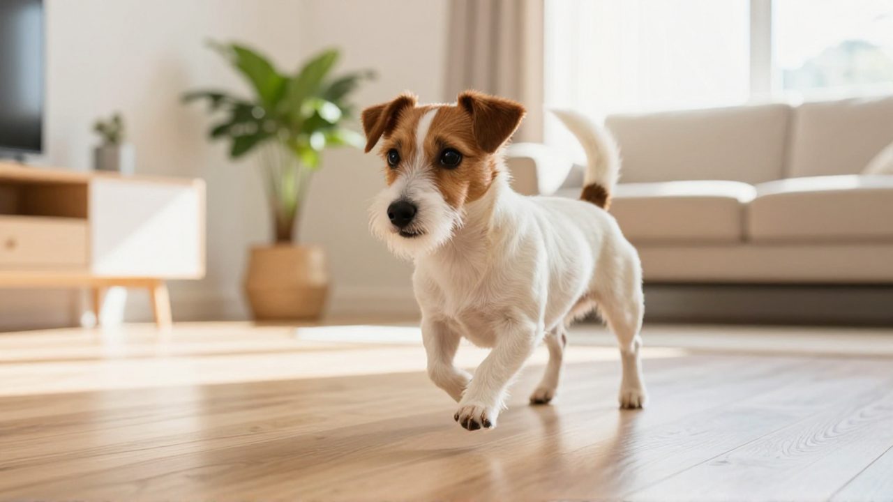 Un perro pequeño de pelaje corto salta con energía sobre el suelo de madera de un salón luminoso.