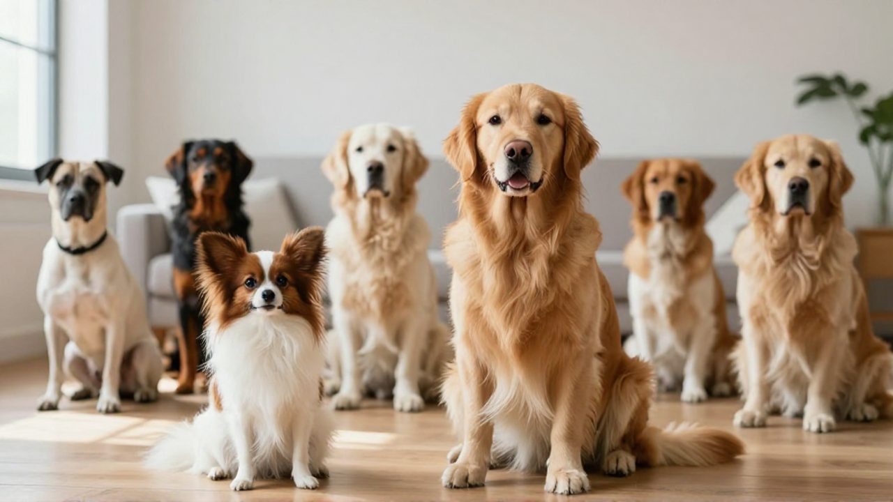 Un pequeño perro Papillon atento junto a un Golden Retriever tranquilo en una sala de estar luminosa.