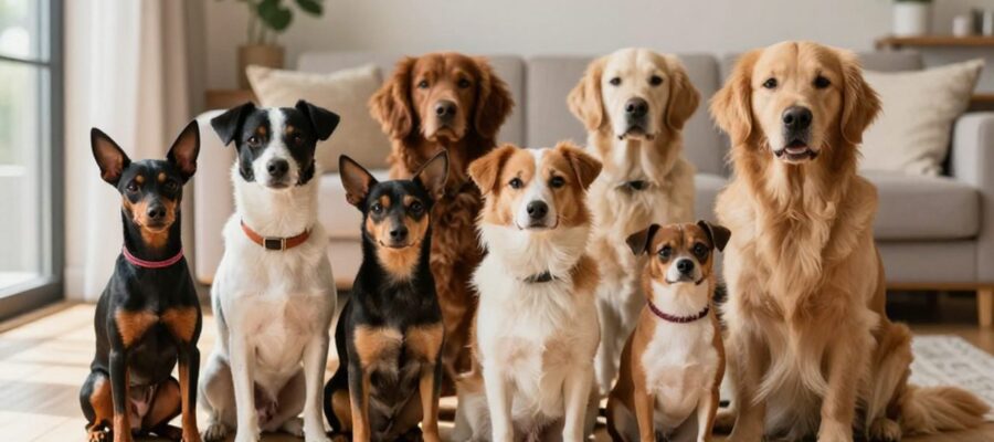 Grupo de perros de diversas razas y tamaños, desde un pequeño Pinscher hasta un Golden Retriever, sentados juntos en una sala de estar luminosa.