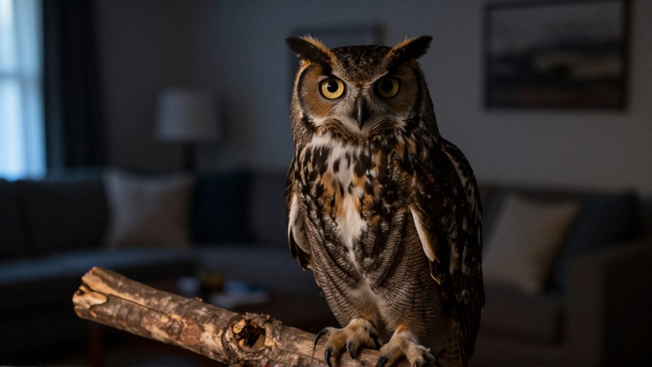 Un búho de ojos dorados y mirada intensa posado sobre una rama de madera, contrastando su aspecto salvaje con el fondo desenfocado de una sala de estar doméstica.