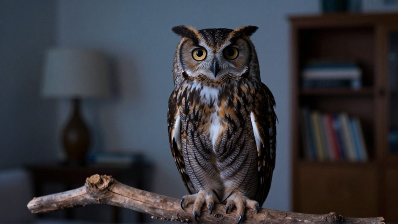 Búho con mirada intensa posado sobre una rama de madera en el interior de una sala de estar con muebles desenfocados al fondo.