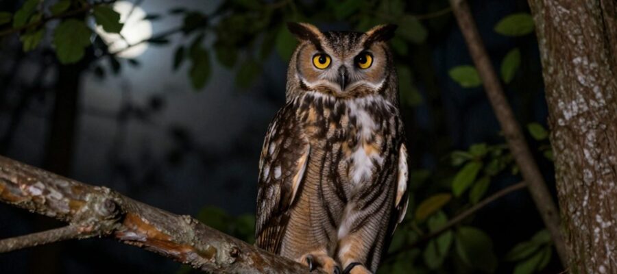 Búho real con plumaje marrón y gris posado en una rama de un bosque nocturno, mirando fijamente con ojos amarillos.
