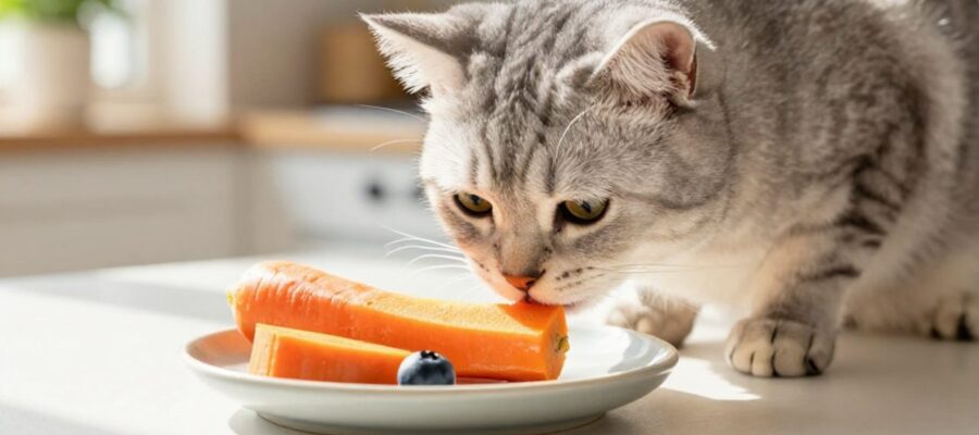 Un gato doméstico olfatea trozos de zanahoria cocida, calabaza y arándanos dispuestos en un plato sobre una encimera de cocina.