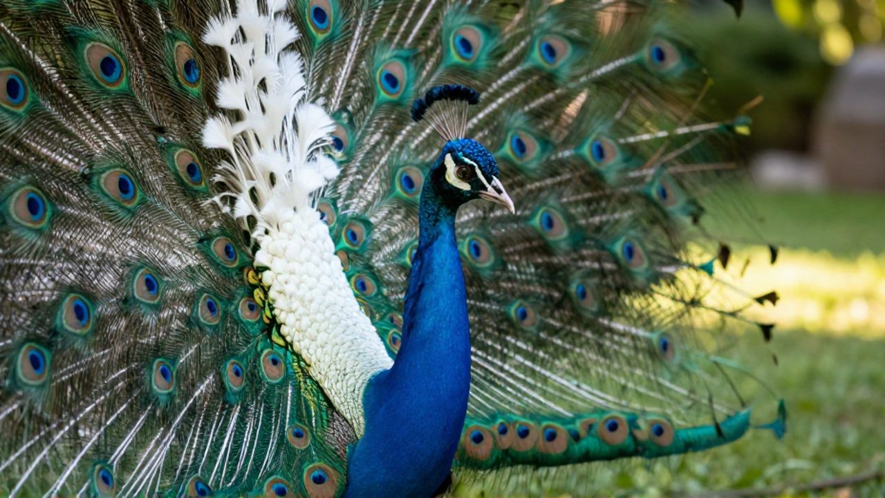Primer plano de dos pavos reales enfrentados en un jardín, uno con plumaje azul iridiscente y otro de color blanco puro.