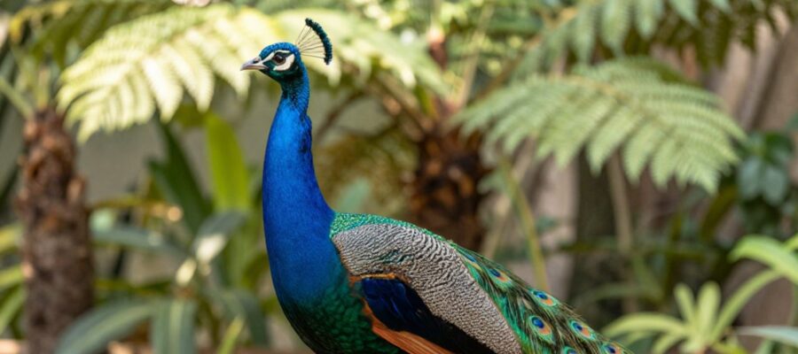 Pavo real indio macho de perfil mostrando su cuello azul iridiscente y su cola parcialmente desplegada con ocelos turquesas en un jardín botánico.