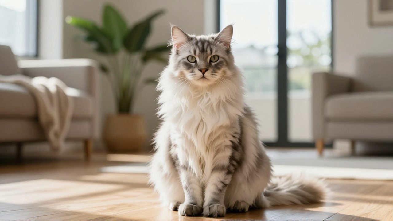 Gato Deutsch Langhaar de pelaje largo plateado y blanco sentado sobre un suelo de madera en un salón luminoso.