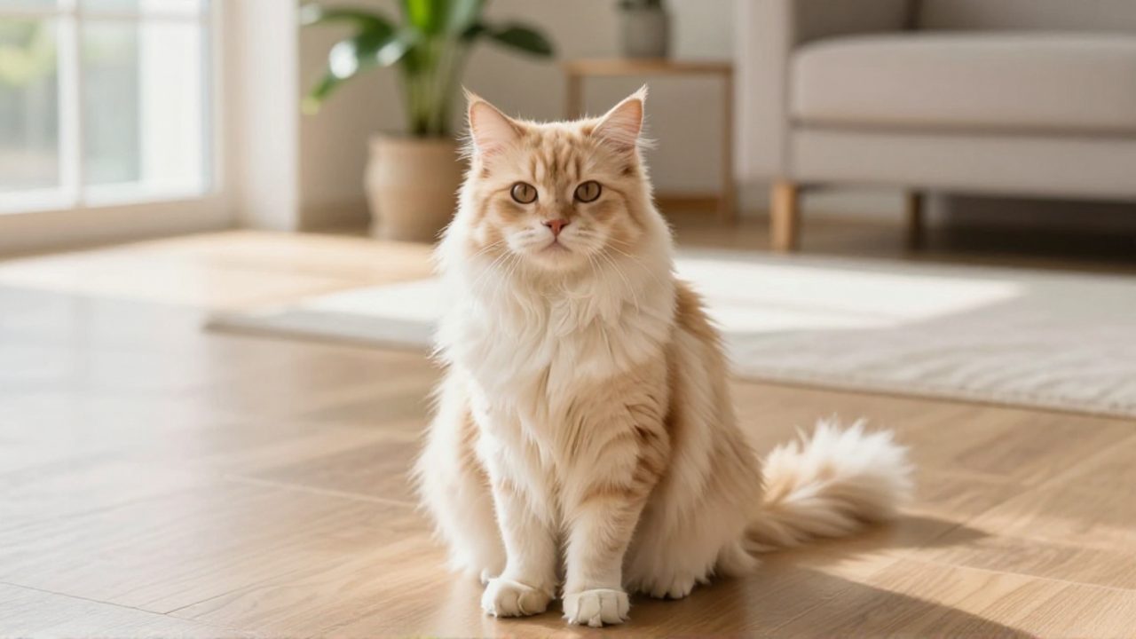Un gato Deutsch Langhaar de pelo largo y sedoso sentado tranquilamente en el suelo de una sala de estar luminosa.