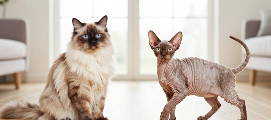 Un gato Deutsch Langhaar de pelo largo y sedoso junto a un gato German Rex de pelo corto y rizado en un salón luminoso.