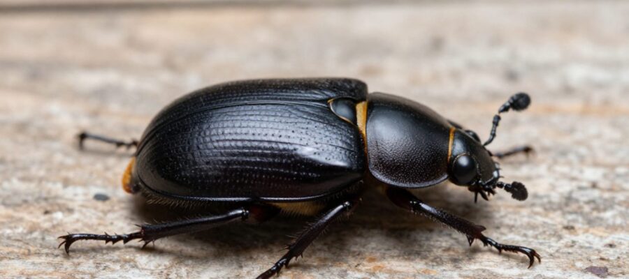 Escarabajo de color negro brillante con caparazón rígido y simétrico posado sobre una superficie de madera.