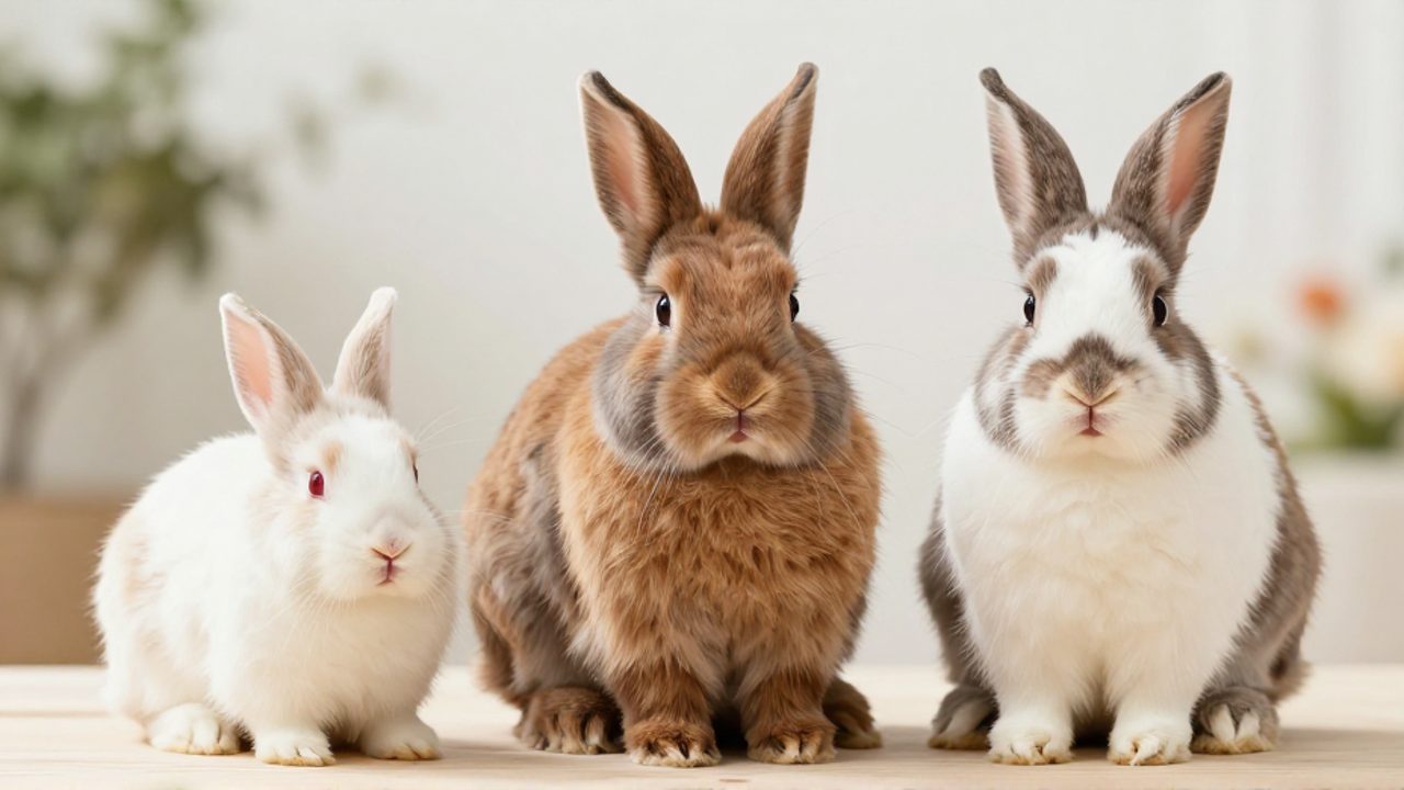 Tres conejos de la variedad Rex de distintos tamaños, conejos Mini Rex, Dwarf Rex y Standard Rex, dispuestos sobre una superficie de madera para comparar sus dimensiones.