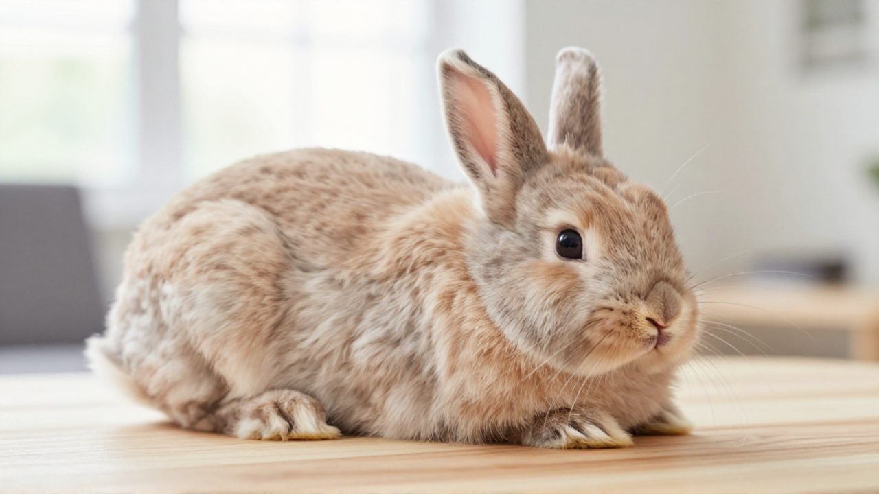 Conejo Mini Rex de pelaje corto y denso descansando sobre una superficie de madera clara en un ambiente doméstico iluminado.