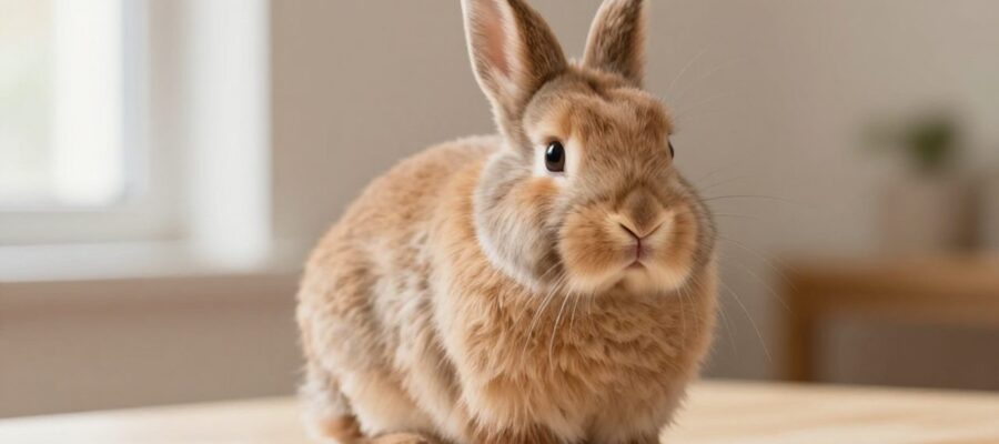 Conejo Mini Rex de pelaje corto y aterciopelado sentado sobre una superficie de madera.