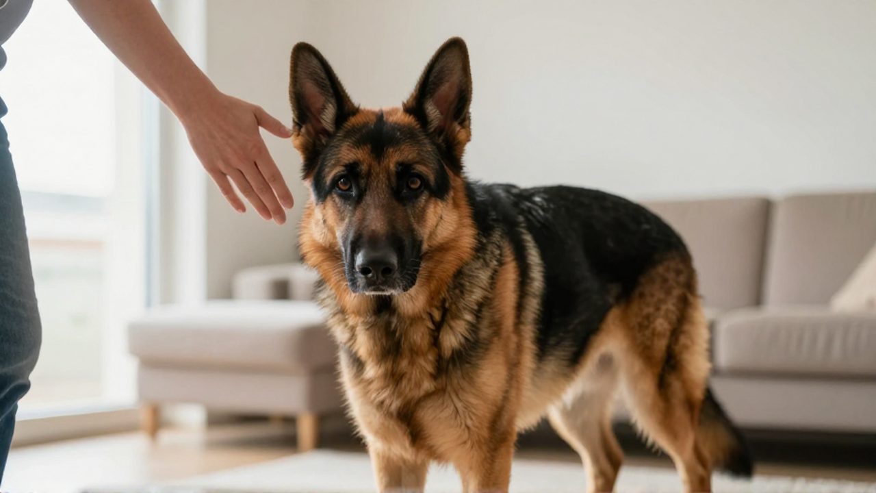 Un perro de tamaño mediano con postura rígida y mirada intensa observa con tensión la mano de una persona que intenta acercarse rápidamente a su cabeza.