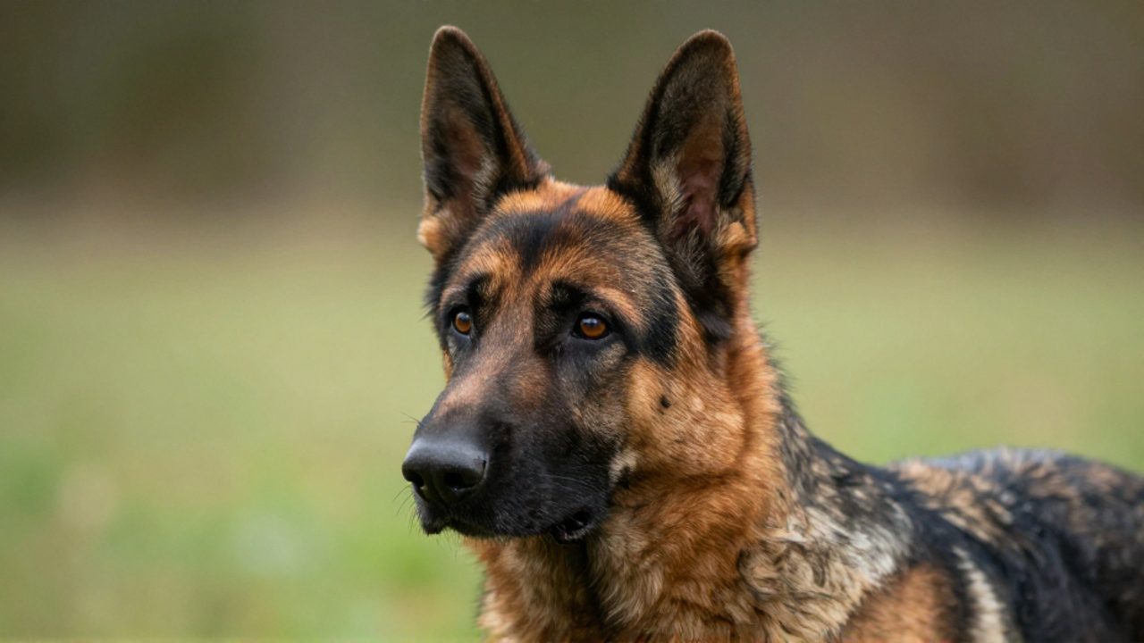 Perro de raza pastor con mirada intensa y orejas erguidas en un entorno natural.