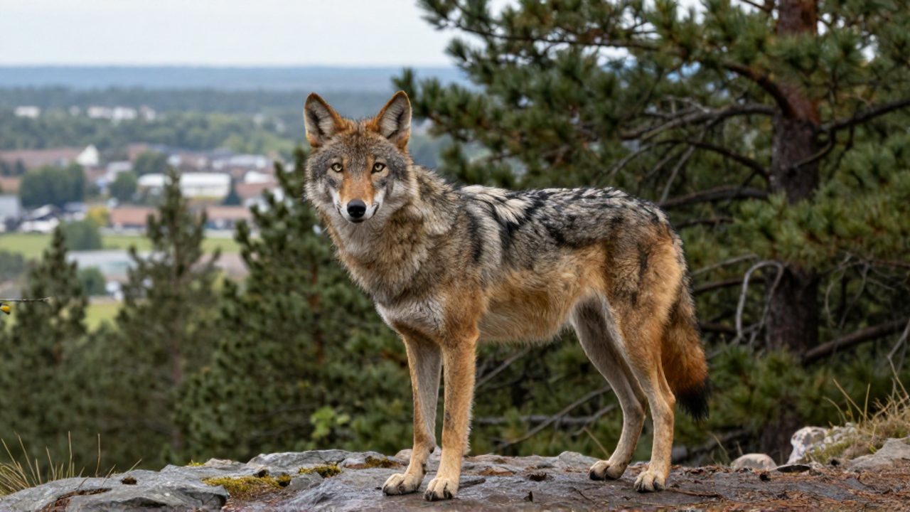 Un coywolf de pelaje gris y canela observa alerta desde una zona rocosa, situado en la transición entre un bosque denso y un valle suburbano.