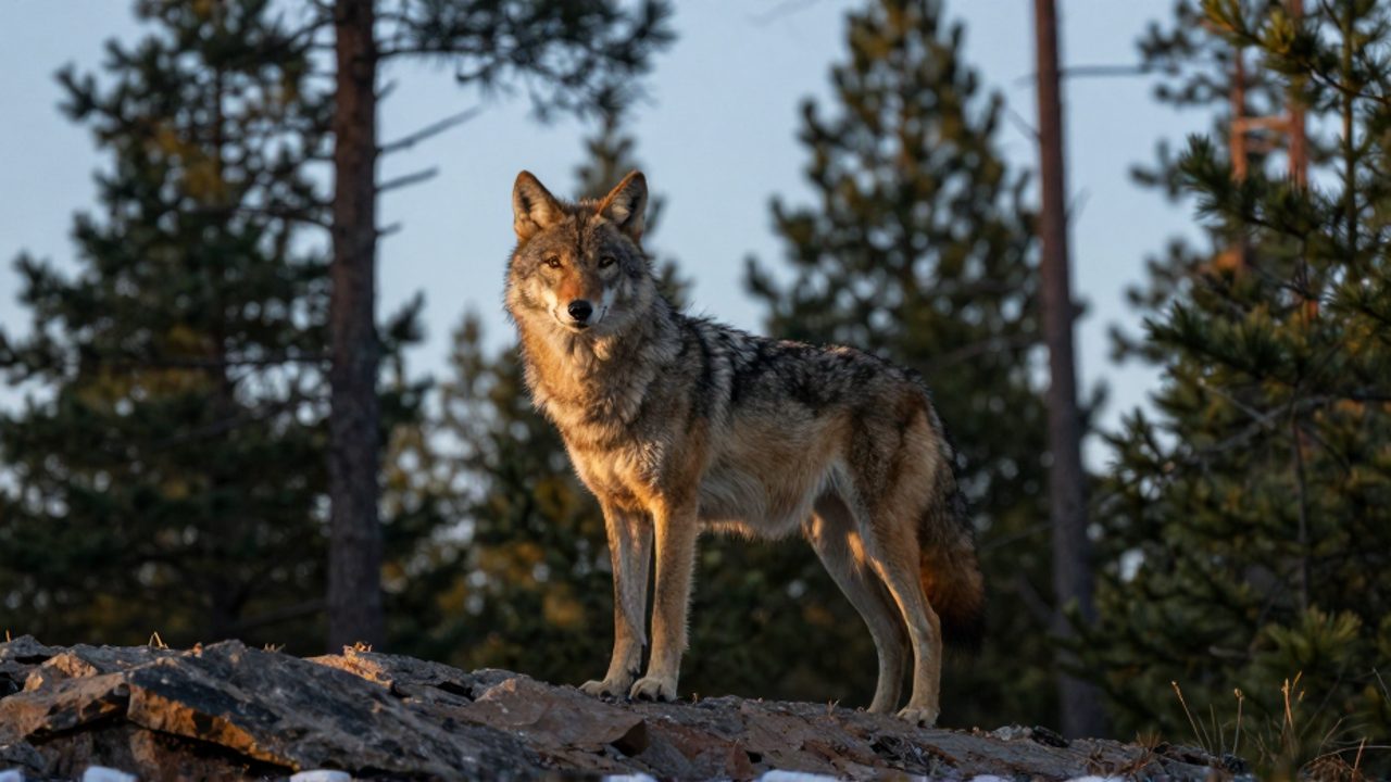 Un coywolf de pelaje gris y canela posa alerta sobre una roca en un bosque norteamericano durante el atardecer.