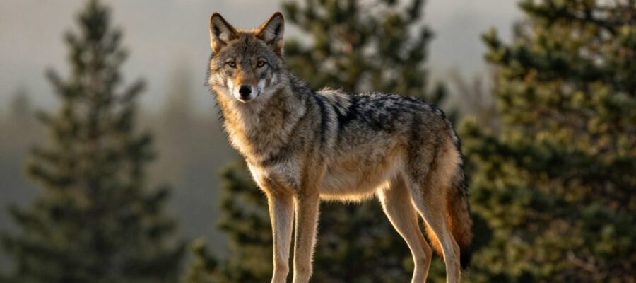 Un coywolf de pelaje gris y canela observa atentamente desde una roca en un bosque de pinos bajo la luz del atardecer.