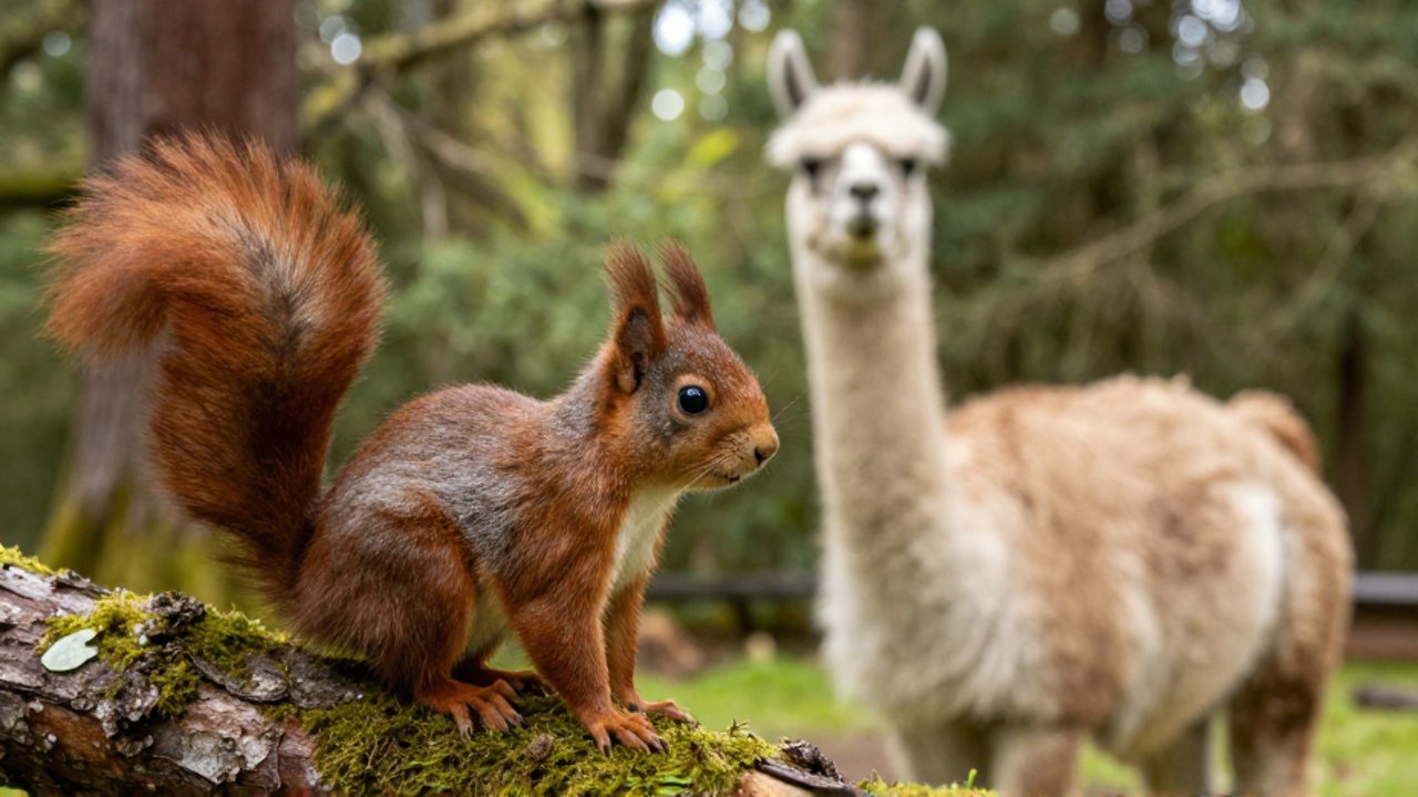 Una ardilla roja sobre una rama con musgo en un bosque se superpone a una alpaca en un paisaje andino de fondo.