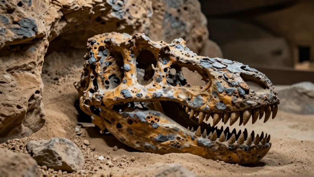 Cráneo de un Tyrannosaurus Rex fosilizado entre capas de roca en una excavación paleontológica.