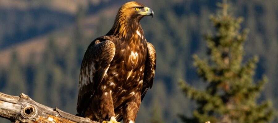 Águila real posada en la rama de un árbol con un paisaje de montañas y bosques al fondo.