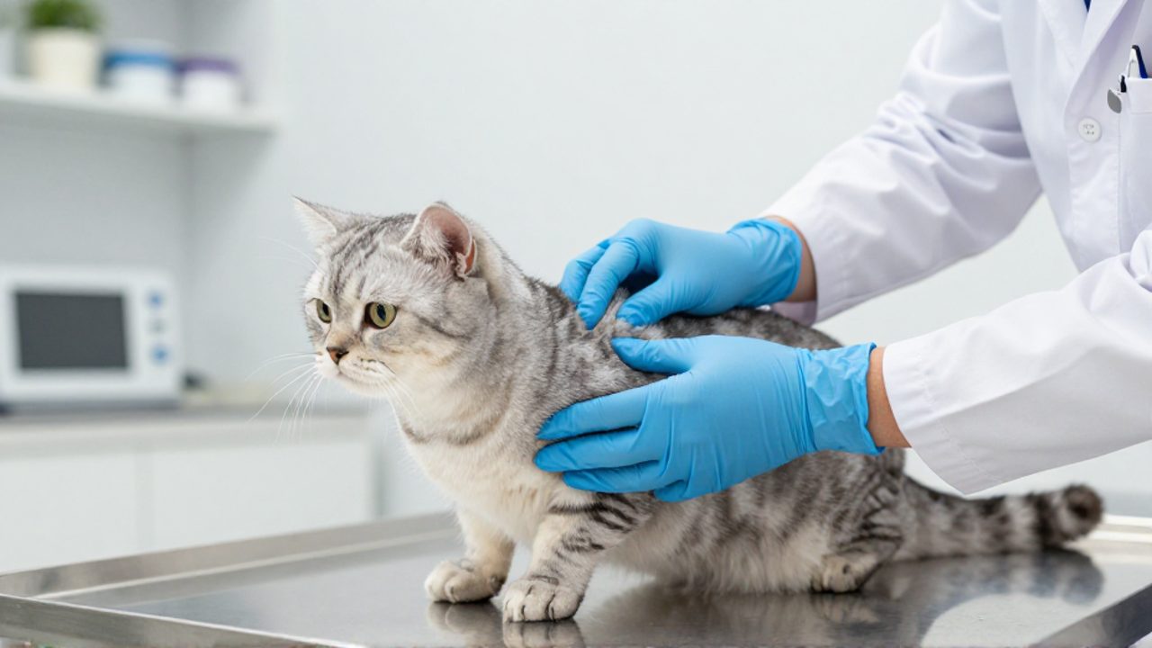 Un veterinario con guantes azules examina con cuidado la zona trasera de un gato sobre una mesa clínica de acero inoxidable.