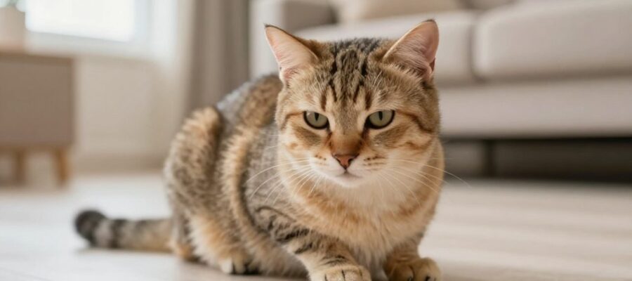Un gato doméstico sentado en el suelo con postura encorvada, que sugiere incomodidad física.