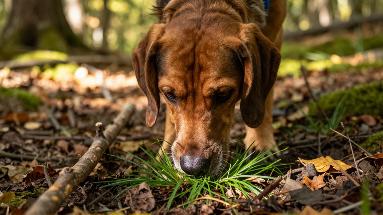 Un perro Bloodhound olfatea intensamente el suelo de un sendero boscoso durante una actividad de estimulación al aire libre.