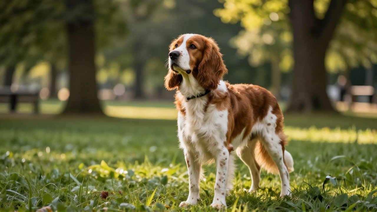Un perro sabueso permanece quieto y atento en un parque soleado durante una sesión de entrenamiento.
