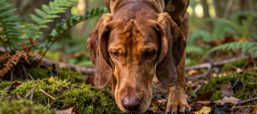 Un Bloodhound olfatea intensamente el suelo húmedo y con musgo mientras rastrea en un bosque iluminado por el sol.