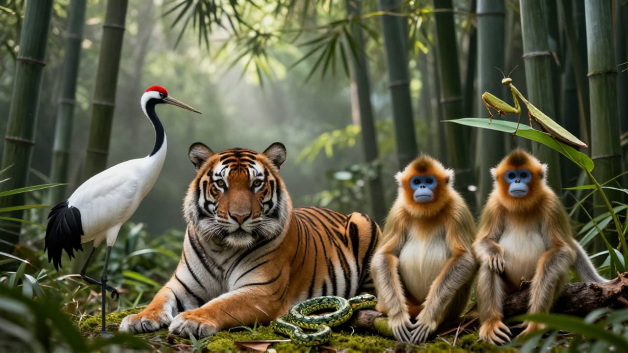 Un tigre de China, una grulla coronada, un langur dorado, una víbora de bambú y una mantis china dispuestos en un bosque de bambú brumoso.