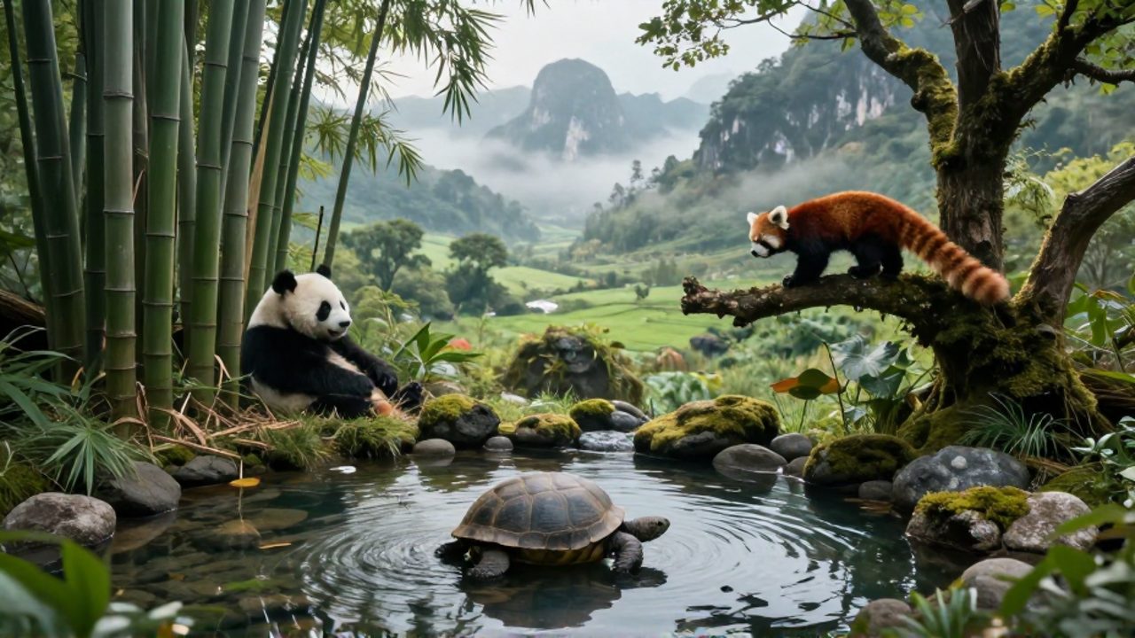 Un panda gigante descansa junto a bambúes, un panda rojo trepa por una rama y una tortuga galápagos se desplaza por un estanque en un valle montañoso neblinoso.