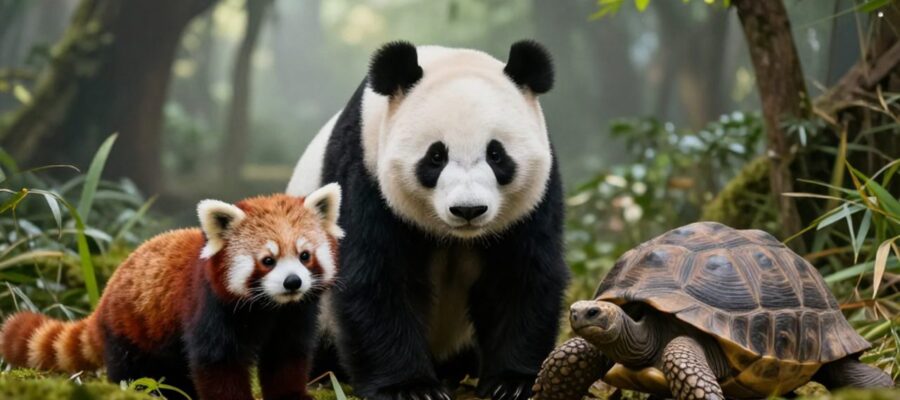 Un panda gigante, un panda rojo y una tortuga gigante de Galápagos descansan sobre un lecho de musgo y hojas de bambú en un bosque neblinoso.