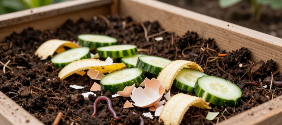Restos de alimentos como cáscaras de plátano, pepino y huevo sobre tierra oscura y húmeda en un contenedor de vermicompostaje con lombrices visibles.