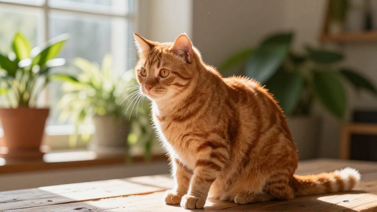 Gata de pelaje naranja atigrado sentada sobre una mesa de madera en un ambiente luminoso y acogedor con plantas de fondo.