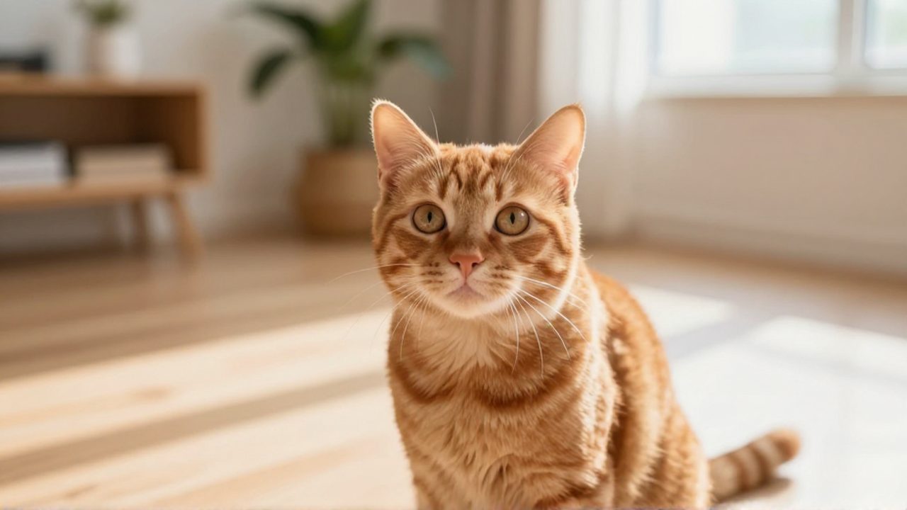 Gata tabby naranja con mirada curiosa sentada sobre un suelo de madera en una sala iluminada por el sol.