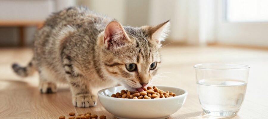 Un gatito tabby de dos meses come alimento húmedo de un cuenco de cerámica en un suelo de madera.