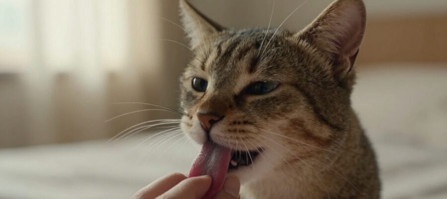 Un gato doméstico lame tiernamente la mejilla de una persona en un ambiente hogareño y tranquilo.
