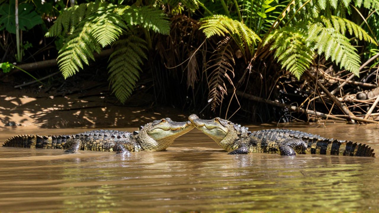 Dos cocodrilos nadan junto a la orilla de un río tropical con las puntas de sus hocicos tocándose durante un ritual de cortejo.