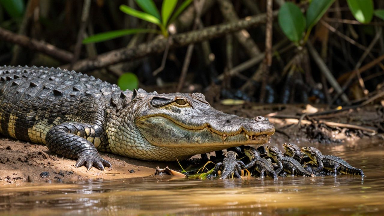 Una cocodrilo hembra empuja con el hocico a sus pequeñas crías recién nacidas hacia el agua en una orilla de lodo en un entorno tropical.