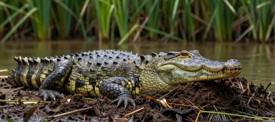 Una cocodrilo hembra cuida un nido de barro y vegetación en la orilla de un río tropical.