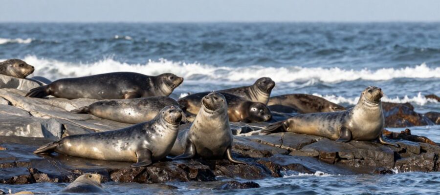 Grupo de focas comunes descansando sobre una costa rocosa junto a las olas de un océano frío y neblinoso.
